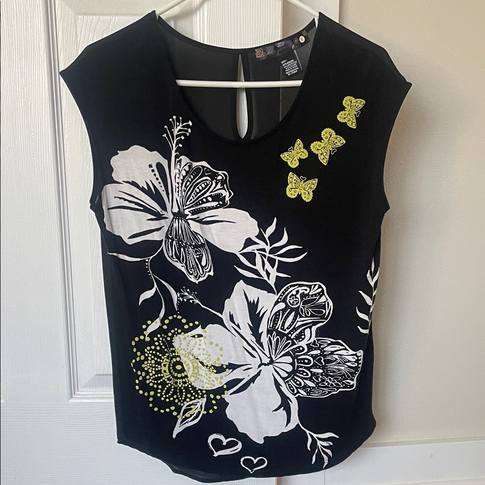 Desigual Black Top with White Floral and Yellow Accents